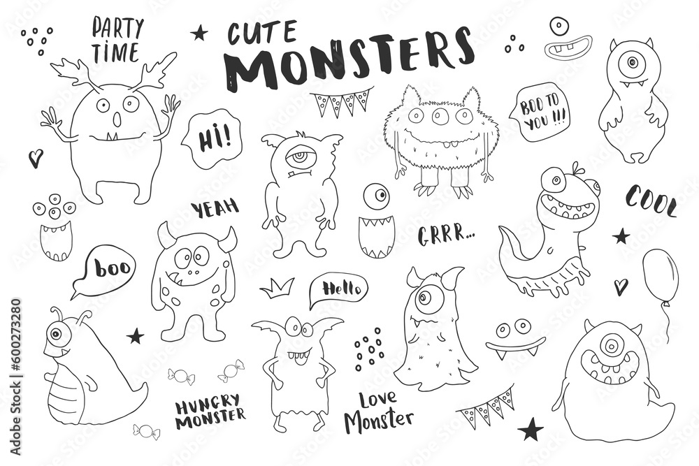 Cute monsters set. Cartoon monsters collection. Vector illustration