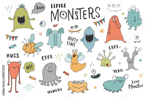 Cute monsters set. Cartoon monsters collection. Vector illustration