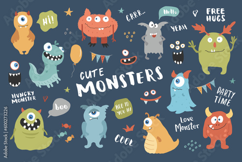 Cute monsters set. Cartoon monsters collection. Vector illustration