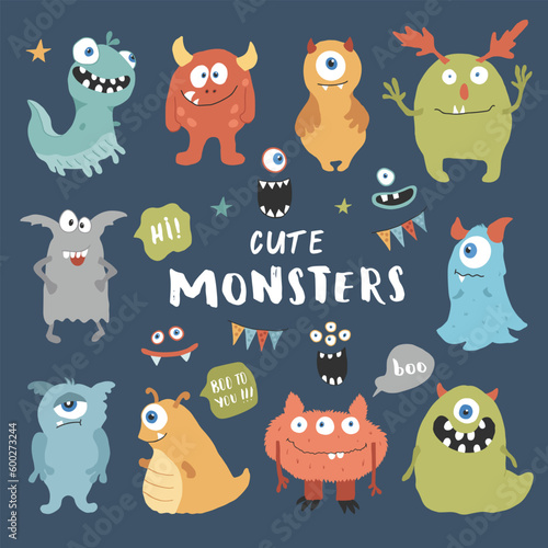 Cute monsters set. Cartoon monsters collection. Vector illustration