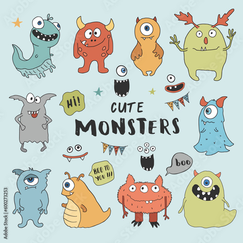 Cute monsters set. Cartoon monsters collection. Vector illustration
