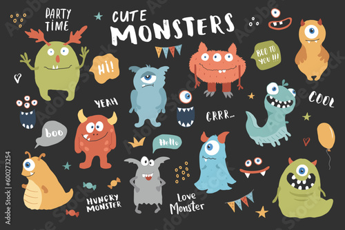 Cute monsters set. Cartoon monsters collection. Vector illustration