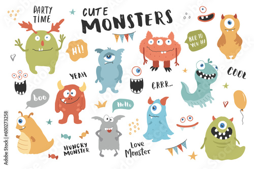 Cute monsters set. Cartoon monsters collection. Vector illustration