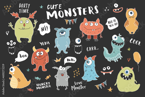 Cute monsters set. Cartoon monsters collection. Vector illustration