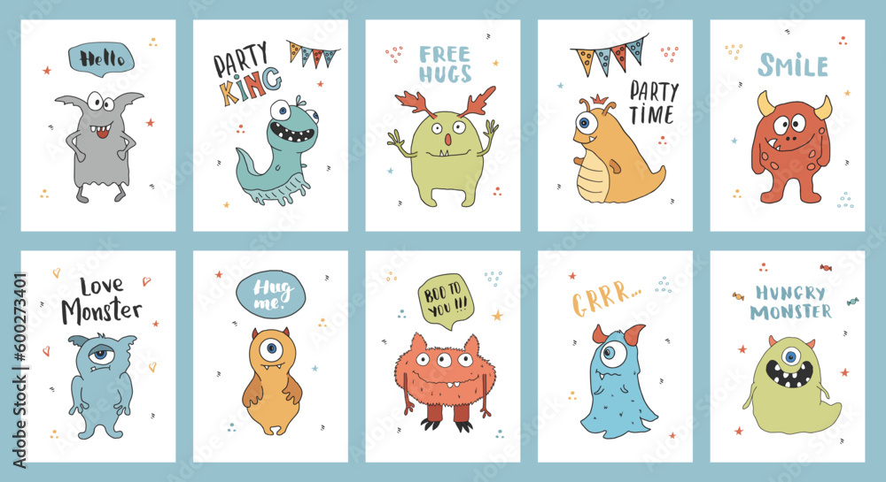 Fototapeta premium Cute monsters cards set. Cartoon monsters collection. Vector illustration