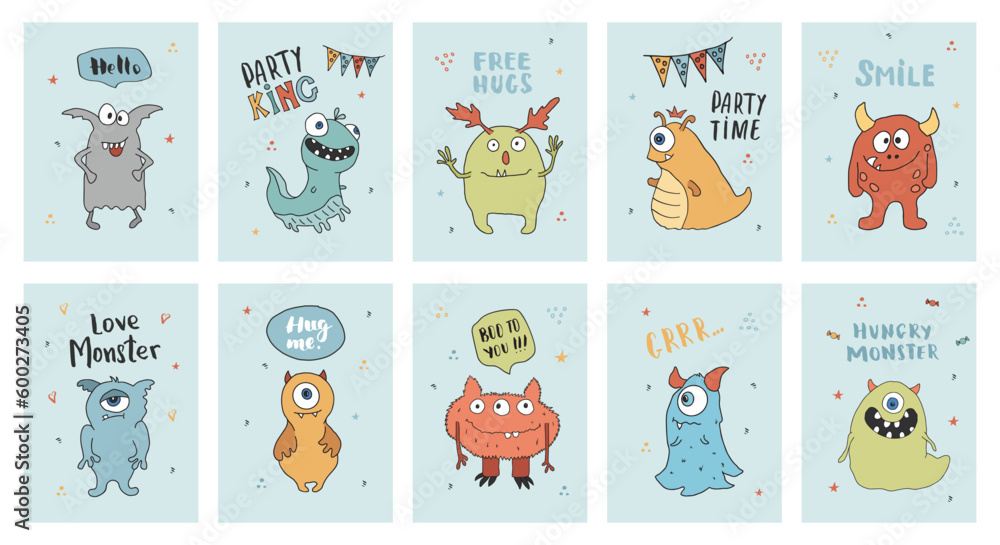 Fototapeta premium Cute monsters cards set. Cartoon monsters collection. Vector illustration