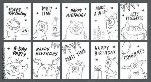 Birthday cards set with Cute monsters. Cartoon monsters collection. Vector illustration