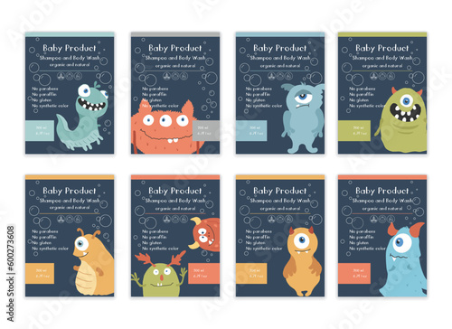 Baby Shampoo package label designs with cute monsters. vector illustration