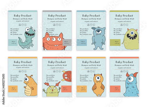 Baby Shampoo package label designs with cute monsters. vector illustration