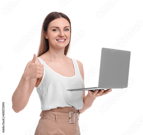 Beautiful happy businesswoman with laptop showing thumbs up on white background