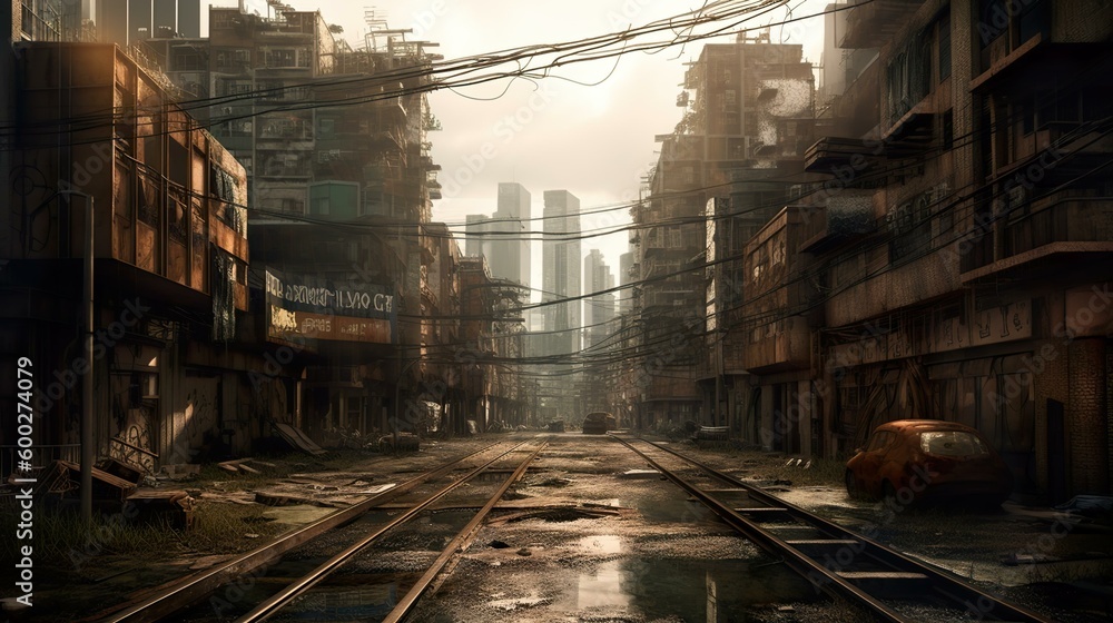 Naklejka premium Abandoned apocalyptic city with tracks created with Generative AI