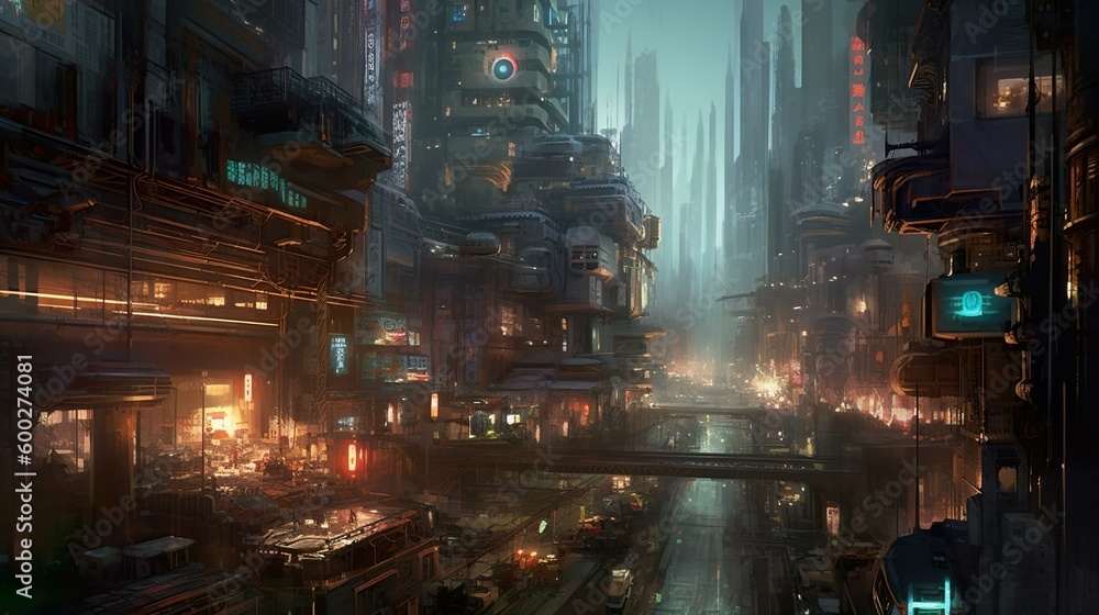 Futuristic cyper point city illuminated by warm lights created with Generative AI