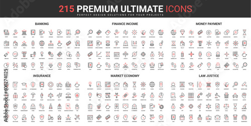 Finance and market economy thin line red black icons set vector illustration. Abstract symbols of banking, insurance of financial income, money payment, law justice simple design for mobile, web apps