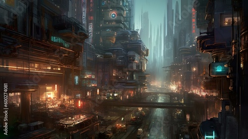 Futuristic cyper point city illuminated by warm lights created with Generative AI