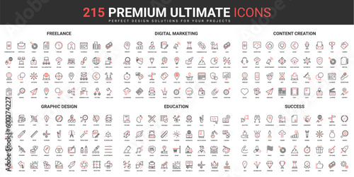 Marketing strategy success, business and design thin line red blac icons set vector illustration. Abstract symbols of creative content creation, education, freelance simple design mobile and web apps