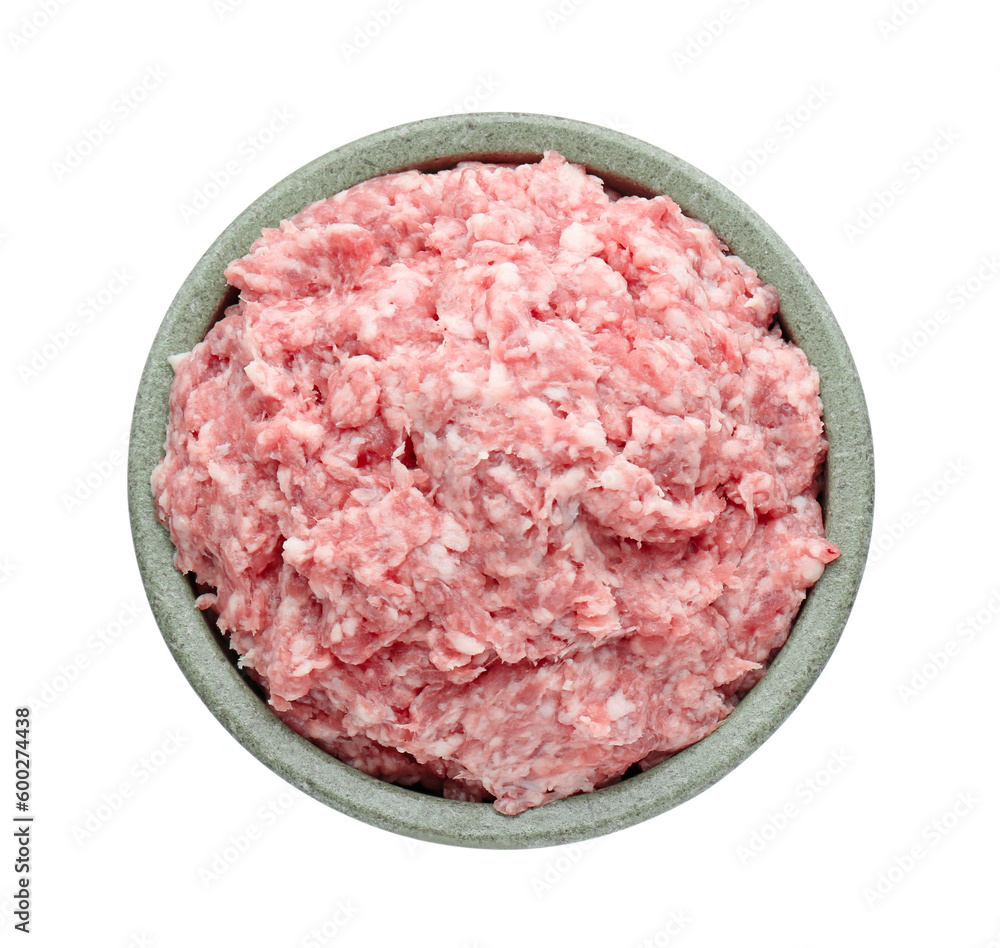 Bowl with raw fresh minced meat isolated on white, top view Bowl with raw fresh minced meat isolated on white, top view