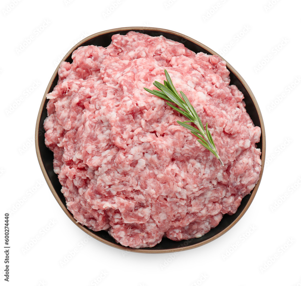 Bowl of raw fresh minced meat with rosemary isolated on white, top view Bowl of raw fresh minced meat with rosemary isolated on white, top view
