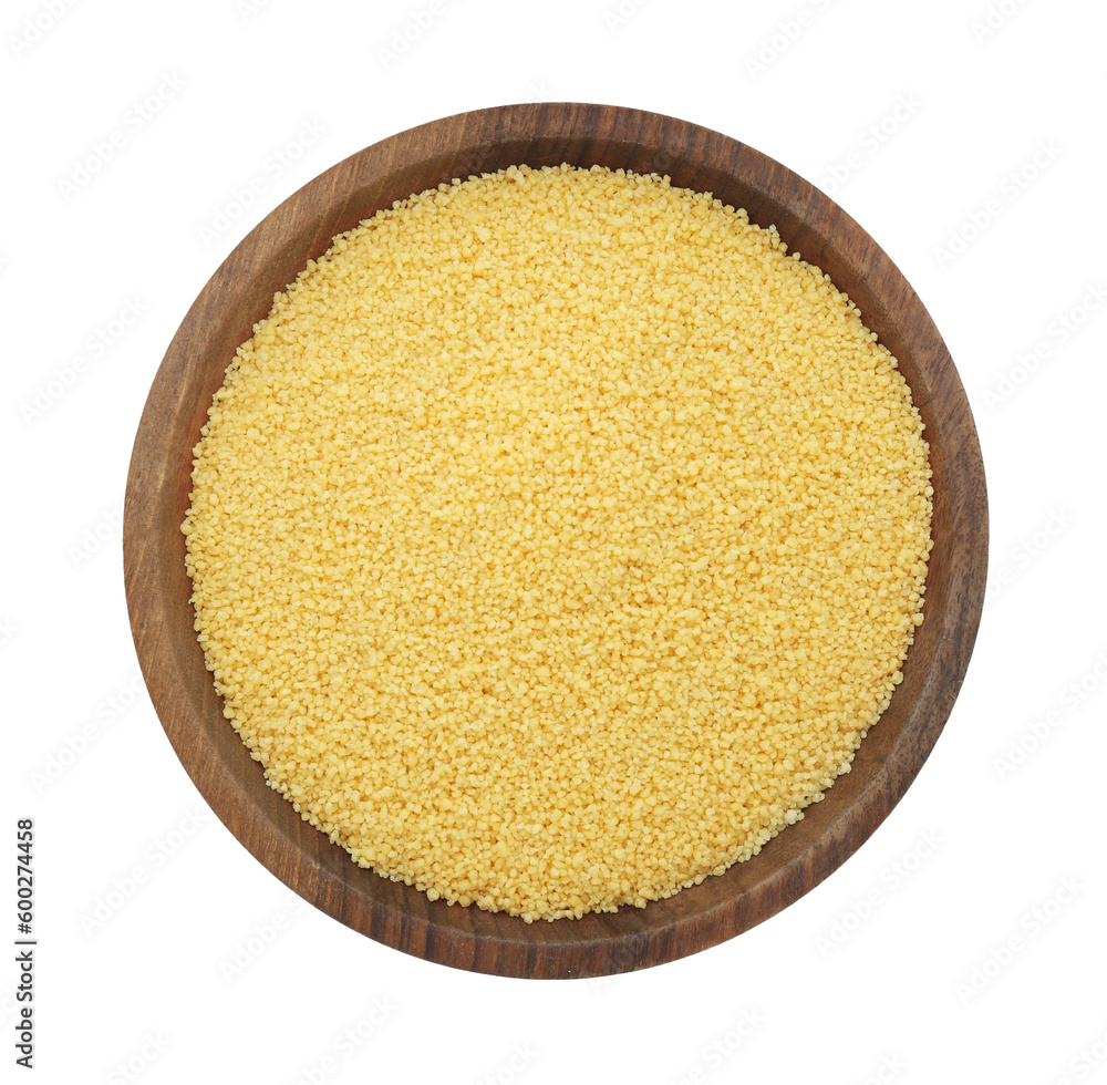 Bowl of raw couscous isolated on white, top view Bowl of raw couscous isolated on white, top view