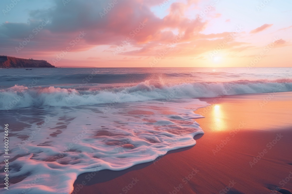 Serene Sunset on Beach, Warm Orange and Pink Sky, Generative AI