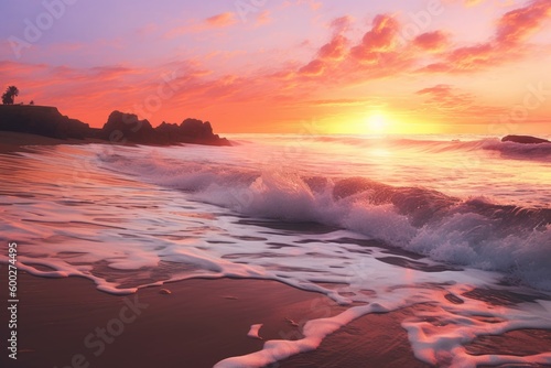 Serene Sunset on Beach, Warm Orange and Pink Sky, Generative AI