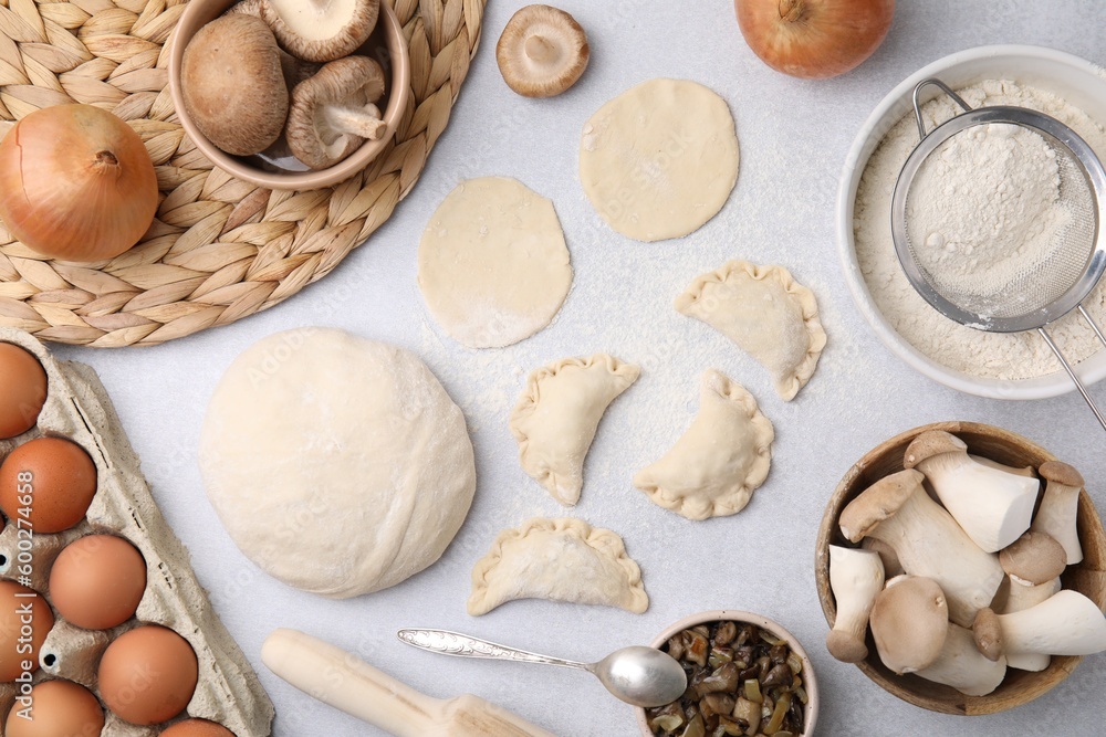 Process of making dumplings (varenyky) with mushrooms. Raw dough and ingredients on white table, flat lay Process of making dumplings (varenyky) with mushrooms. Raw dough and ingredients on white table, flat lay