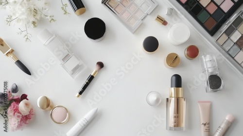 Photographie Top view of vanity table with makeup and beauty products