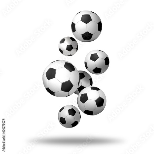 Many soccer balls falling on white background