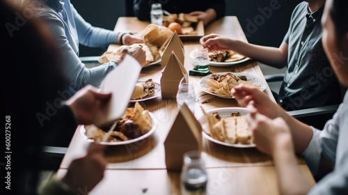 group of coworkers having a team lunch or break generative ai photo