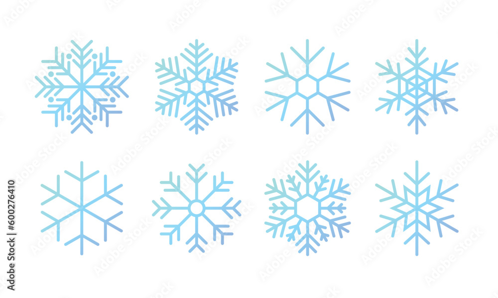 Snowflake ice crystal variations icon collection. Snowflakes blue ice crystal on white background. Winter symbol. Christmas logo sign. Vector illustration. Snowflake ice crystal variations icon collection. Snowflakes blue ice crystal on white background. Winter symbol. Christmas logo sign. Vector illustration.