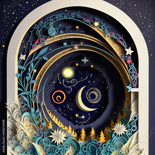 Fotografia Multidimensional paper cut illustration starry night with glowing moonlight above fantasy landscape with ravishing intricate papercraft designs of lush forests and towering buildings by Generative AI