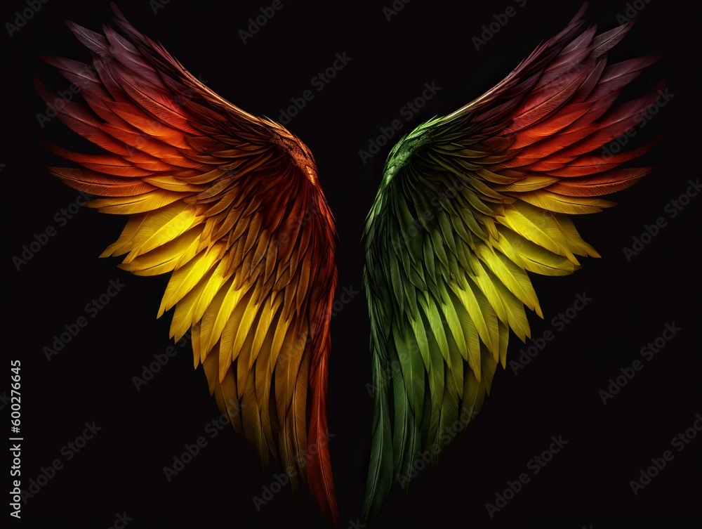 Obraz premium Pair of Wings on Solid Backdrop Themed Red, Yellow, Green, and Black for Juneteenth, African American Heritage [Generative AI]