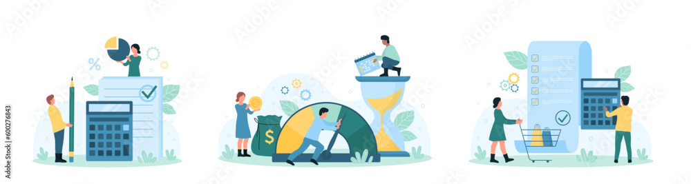 Financial accounting and budget set vector illustration. Cartoon tiny people with bank bill and calculator calculate tax and loan payment, bookkeeper character pushing arrow of economic meter - obrazy, fototapety, plakaty 
