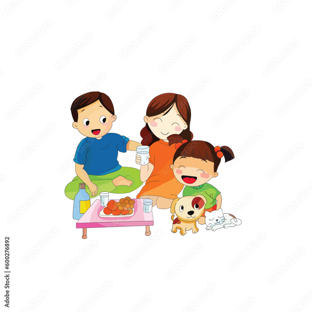 Lovely family eating fruite  with a pet isolated