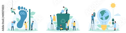 Ecology protection set vector illustration. Cartoon tiny people measure impact of carbon dioxide, recycle garbage into container with recycling sign, charge light bulb and battery from solar energy