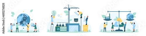 Eco balance set vector illustration. Cartoon tiny people research carbon footprint, recycle plastic at waste recycling plant for energy and electricity production, compare climate change on scales