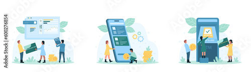 Credit card management, online payment set vector illustration. Cartoon tiny people pay and transfer money with bank mobile app in phone and ATM machine, work with financial charts for analysis