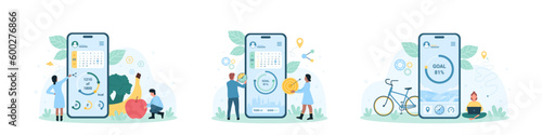 Mobile apps for time management set vector illustration. Cartoon tiny people planning daily routine in digital schedule of sports exercises and healthy food, business project planner on phone screen