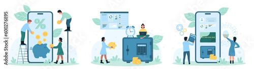 Banking online set vector illustration. Cartoon tiny people pay coins into piggy bank on mobile phone screen, customers work with bank account app and credit card, using money safe and digital wallet
