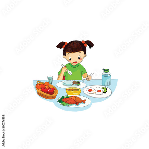 Cute cartoon happy girl eating healthy Fruits and vegetable food. Children enjoy eating delicious meal for breakfast or lunch. Little girl eating food at the table isolated