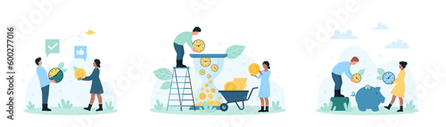 Money savings, investment set vector illustration. Cartoon tiny people holding cash dollar coin and clock to put in piggy bank and hourglass, save time and invest in retirement and future profit