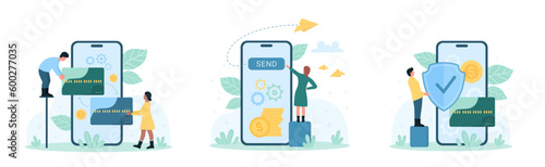 Money transfer set vector illustration. Cartoon tiny people holding credit cards and safe shield for secure currency transaction, customers click on send button in bank mobile app on phone screen