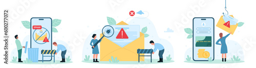 Online security set vector illustration. Cartoon tiny people with magnifying glass looking for computer bugs in emails, users clean spam trash on phone screen, protect credit card from phishing © Flash concept