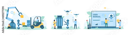 AI technology and robots in industry set vector illustration. Cartoon tiny people automate distribution, control machines in factory warehouse, customers work with support chatbot in mobile app
