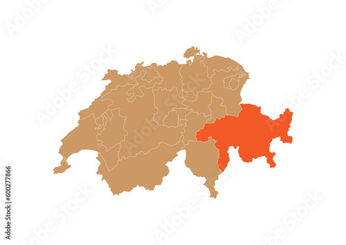 Map of Grisons on Switzerland map. Map of Grisons highlighting the boundaries of the canton of Grisons on the map of Switzerland 