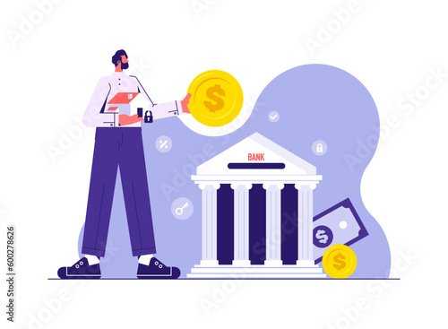 Man transfers money to the bank, pays the loan to the bank, pays a mortgage to a bank, mortgage loan concept