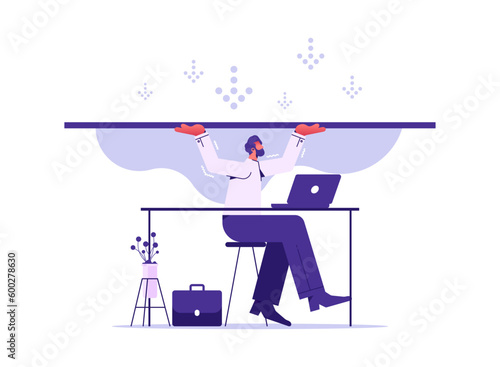 Stressed man holding heavy burden on hands. Distressed businessman carrying load or weight, overwork and workload
