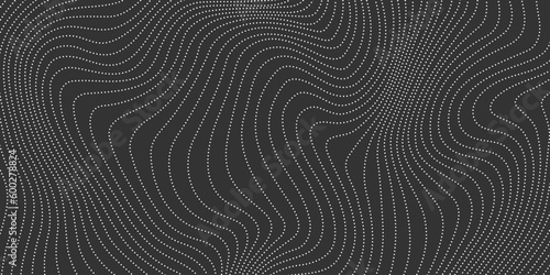 Dotted wave lines on dark background. Abstract wavy stripes texture. Warped and curved dashed lines wallpaper. Vector minimalistic map design concept 