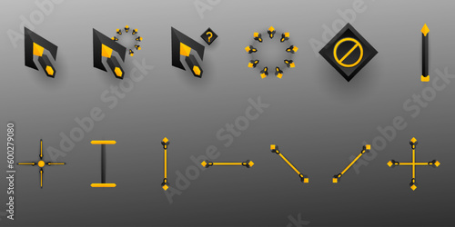 Abstract black and yellow gaming style mouse cursor pointer ui icons set