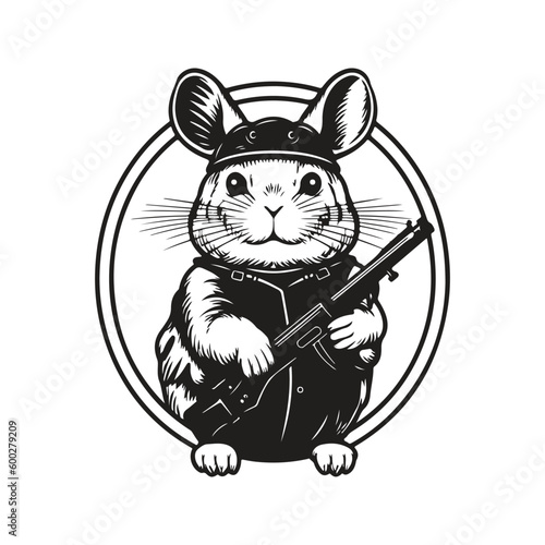 chinchilla soldier, vintage logo line art concept black and white color, hand drawn illustration