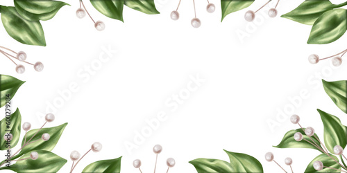Horizontal flower frame with dry stems and rose leaves in watercolor style. Illustration on a white background. For a wedding invitation, date saving, gratitude or greeting card.